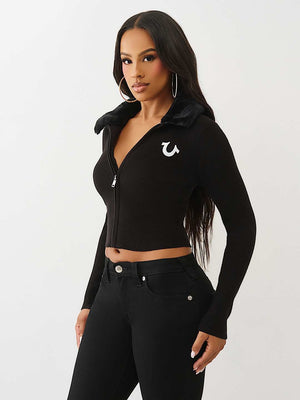 True Religion Sweater Ribbed Zip Up Faux Fur Jet Black