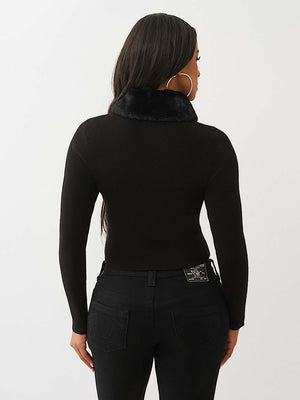 True Religion Sweater Ribbed Zip Up Faux Fur Jet Black