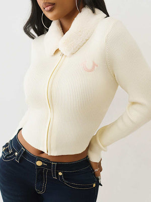 True Religion Sweater Ribbed Zip Up Faux Fur Winter White