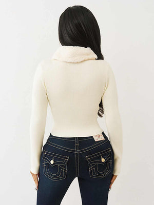 True Religion Sweater Ribbed Zip Up Faux Fur Winter White