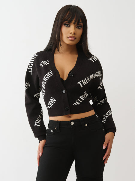 True Religion Tr Aop Cropped Cardigan Jet Black