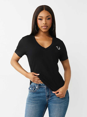True Religion T-Shirt Iridescent Tr V Neck Jet Black