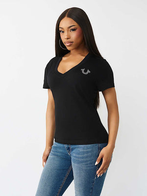 True Religion T-Shirt Iridescent Tr V Neck Jet Black