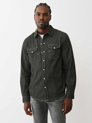 True Religion Shirt Black Chambray Logo Ls Black