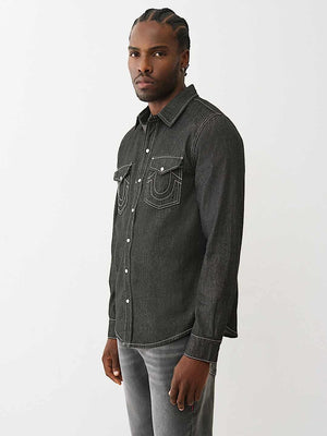 True Religion Shirt Black Chambray Logo Ls Black