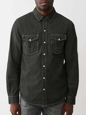 True Religion Shirt Black Chambray Logo Ls Black