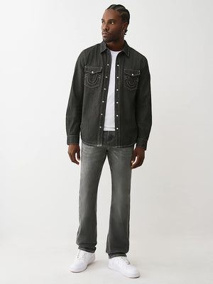 True Religion Shirt Black Chambray Logo Ls Black