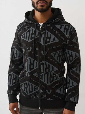 True Religion Hoodie Diamond Aop Zip Jet Black