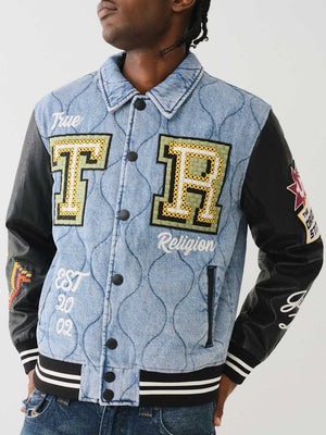 True Religion Varsity Jacket Quilted Denim Wild Bill-Jet Black-True Religion