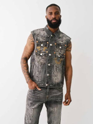 True Religion Denim Pocket Vest Stack Rips Grey Wash-True Religion