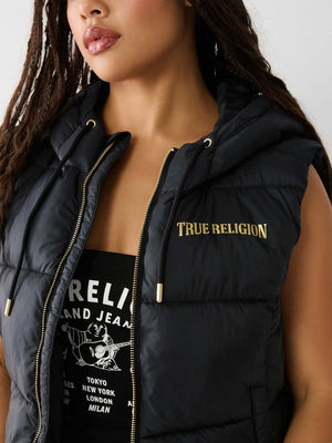 True Religion Jacket Ladies Foil Puffer Vest Jet Black-True Religion