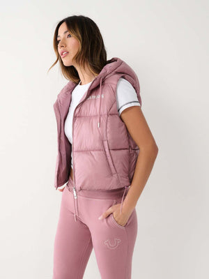 True Religion Jacket Ladies Foil Puffer Vest Wistful Mauve-True Religion
