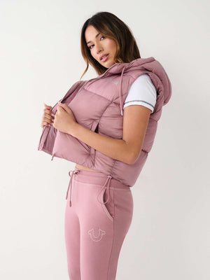 True Religion Jacket Ladies Foil Puffer Vest Wistful Mauve-True Religion