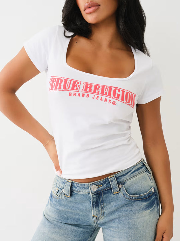 True Religion Square Neck T-Shirt Logo Optic White