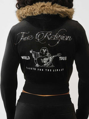 True Religion Hoodie Crystal Velour Shrunken Jet Black