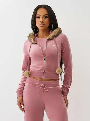 True Religion Hoodie Crystal Velour Shrunken Nostalgia Rose