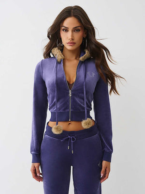 True Religion Hoodie Crystal Velour Shrunken Astral Aura