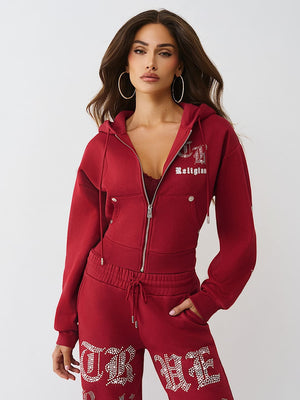 True Religion Hoodie Crystal Relaxed Zip Rhubarb Red