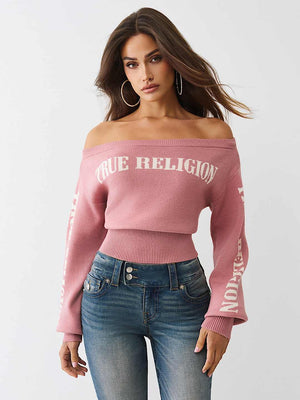 True Religion Sweater Off Shoulder Shrunken Nostalgia Rose