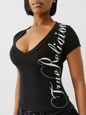 True Religion Rib Cap Sleeve V Neck Top Jet Black-True Religion
