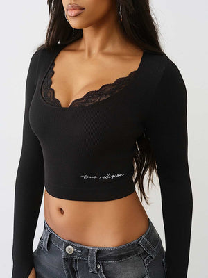 True Religion Top Seamless Lace Scoop Neck Ls Jet Black