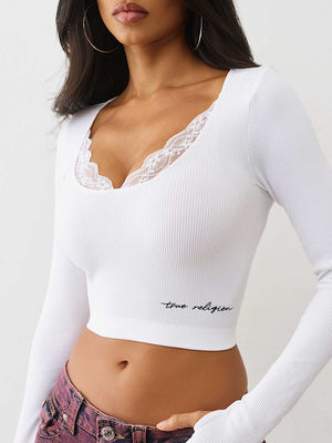 True Religion Top Seamless Lace Scoop Neck Ls Jet Black