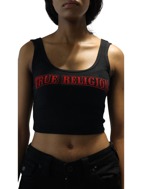 True Religion Glitter Flock Tank Logo Jet Black