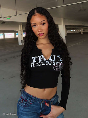 True Religion T-Shirt Tr Ribbed V Notched Ls Jet Black