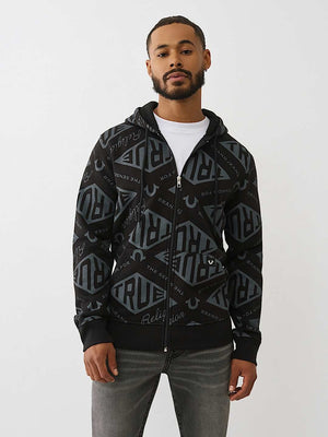 True Religion Hoodie Diamond Aop Zip Jet Black