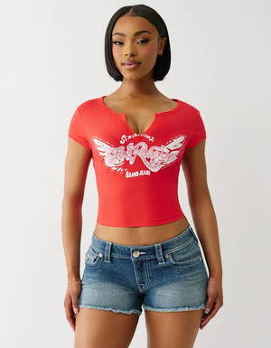 True Religion Crystal Wing V Notch Tee Flame Scarlet