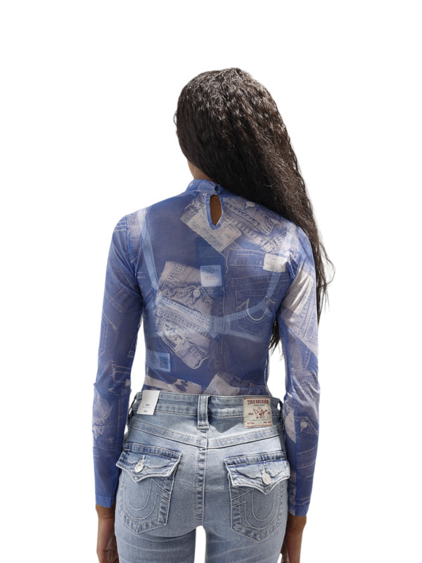 True Religion Mesh Denim Printed Bodysuit Blue