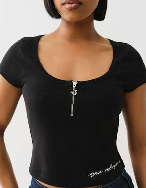 True Religion Half Zip Cap Sleeve Rib Top Jet Black