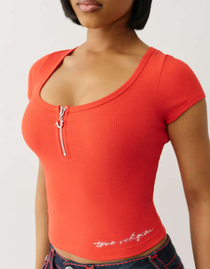 True Religion Half Zip Cap Sleeve Rib Top Flame Scarlet