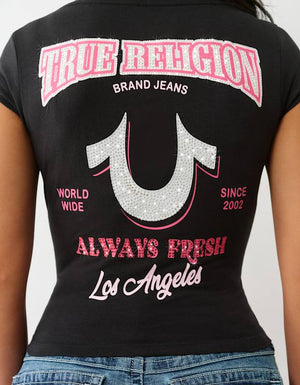 True Religion Crystal Low Plunge Ss Tee Jet Black