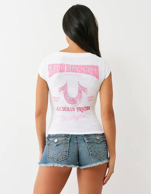 True Religion Crystal Low Plunge Ss Tee Optic White