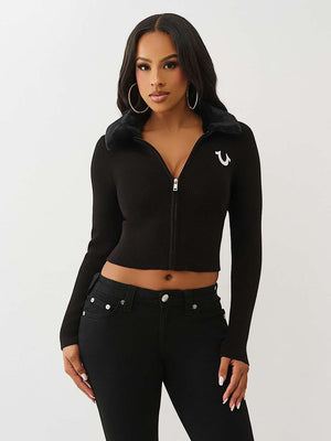 True Religion Sweater Ribbed Zip Up Faux Fur Jet Black