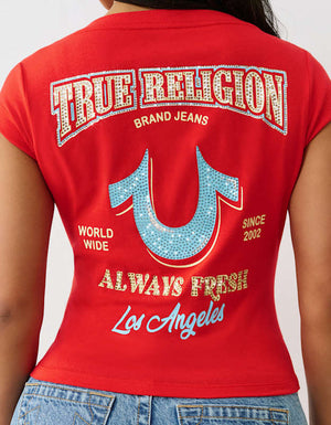 True Religion Crystal Low Plunge Ss Tee Flame Scarlet