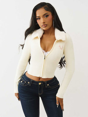 True Religion Sweater Ribbed Zip Up Faux Fur Winter White