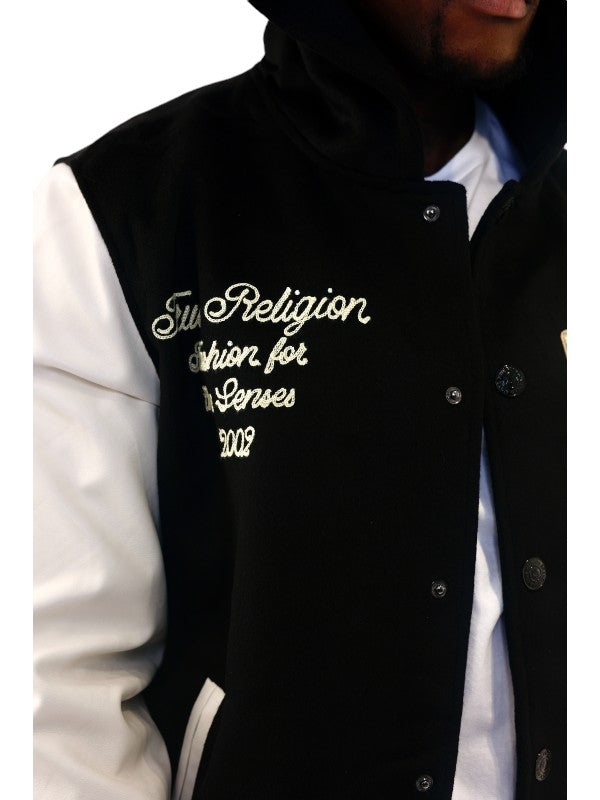 True Religion Varsity Jacket Hooded Jet Black-White