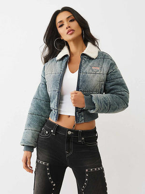 TRUE RELIGION JACKET DENIM PUFFER MEDIUM WASH