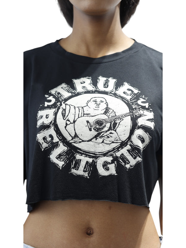 True Religion Distressed T-Shirt Buddha Crop Jet Black