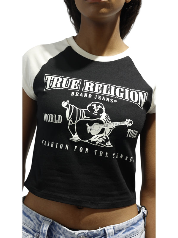 True Religion Contrast Raglan T-Shirt Baby Tee Jet Black