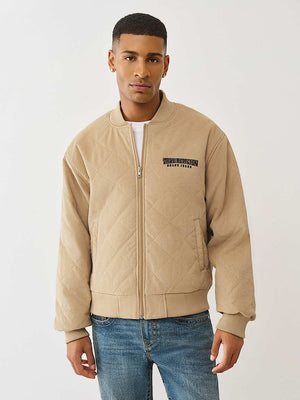 TRUE RELIGION JACKET QUILTED CORD BOMBER TRAVERTINE