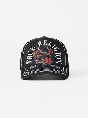 TRUE RELIGION CAP SNAKE TRUCKER JET BLACK