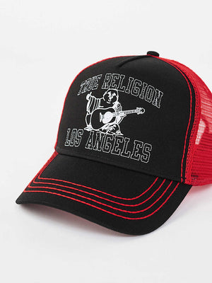 TRUE RELIGION CAP CRYSTAL TR BUDHHA TRUCKER JET BLACK-TRV RED