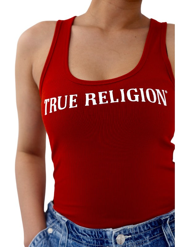 True Religion Tank T-Shirt Arched Logo Red Dahlia