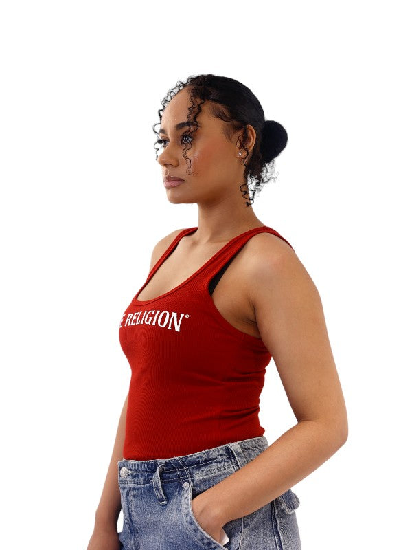 True Religion Tank T-Shirt Arched Logo Red Dahlia