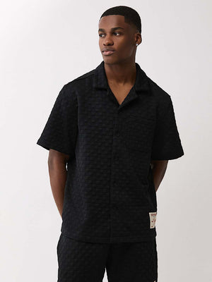 True Religion Shirt Checkered Camp Collar Jet Black