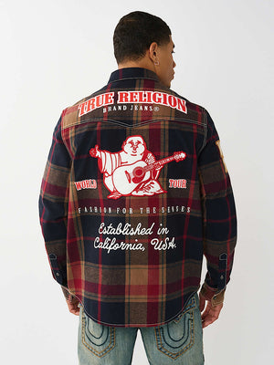 TRUE RELIGION SHIRT PLAID BIG T WESTERN BLUE-TAN-RED