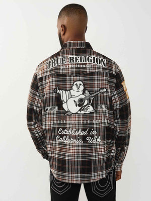 TRUE RELIGION SHIRT PLAID BIG T WESTERN BROWN-BLACK-WHITE